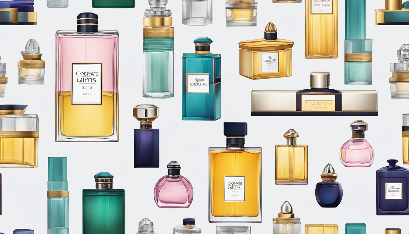 A table displays various perfume bottles with the company logo. A gift box with the words "Corporate Gifts Singapore" sits next to them