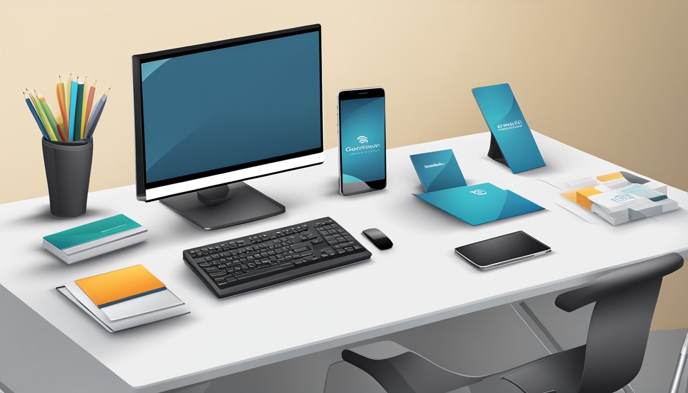 A desk with a computer, phone, and corporate gift samples. Company logo displayed on the wall