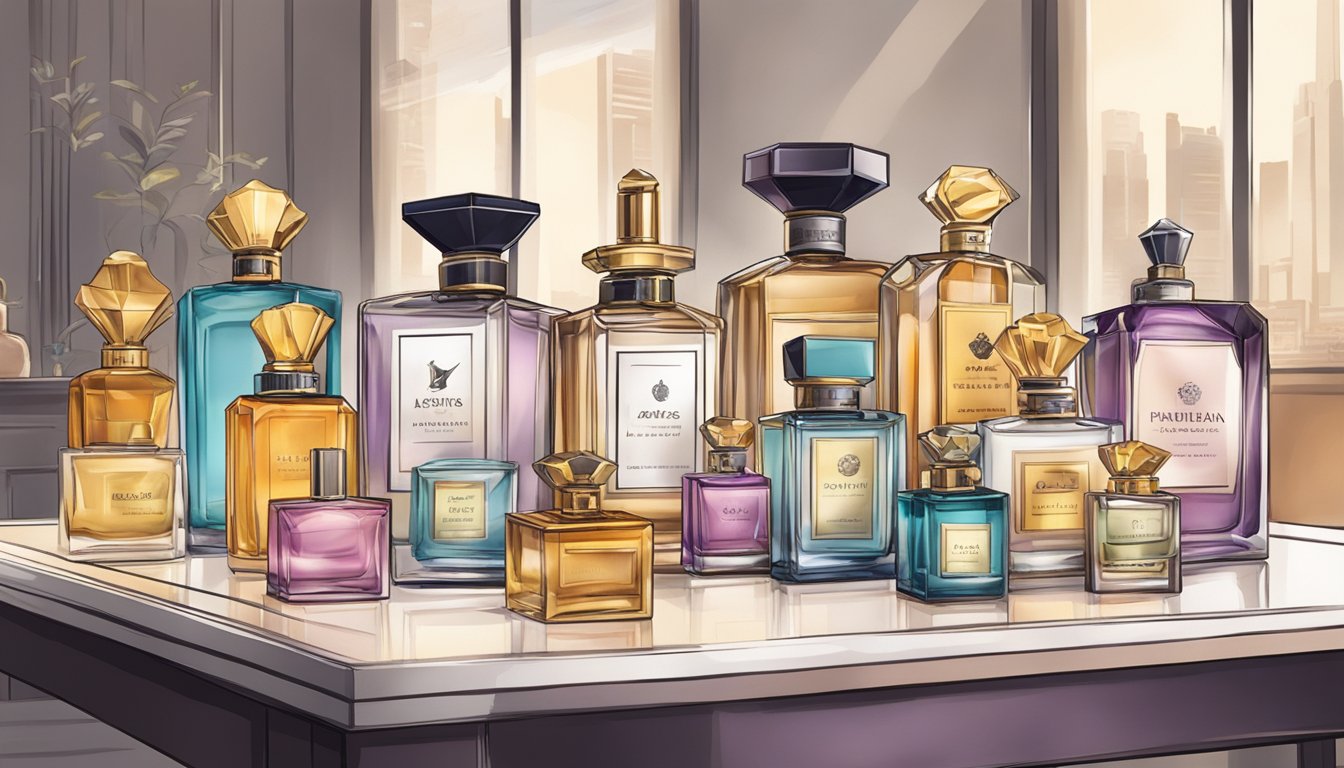 A table with various perfume bottles, gift boxes, and corporate logos. A workshop setting with a Singaporean theme
