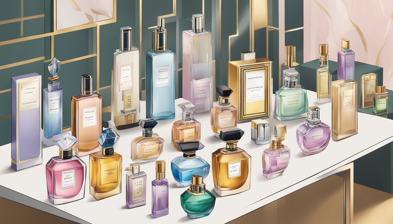 A table displays various perfume bottles, surrounded by elegant packaging and corporate gift options. A sign reads "Pricing and Value Perfume Workshop Corporate Gifts Singapore Review."