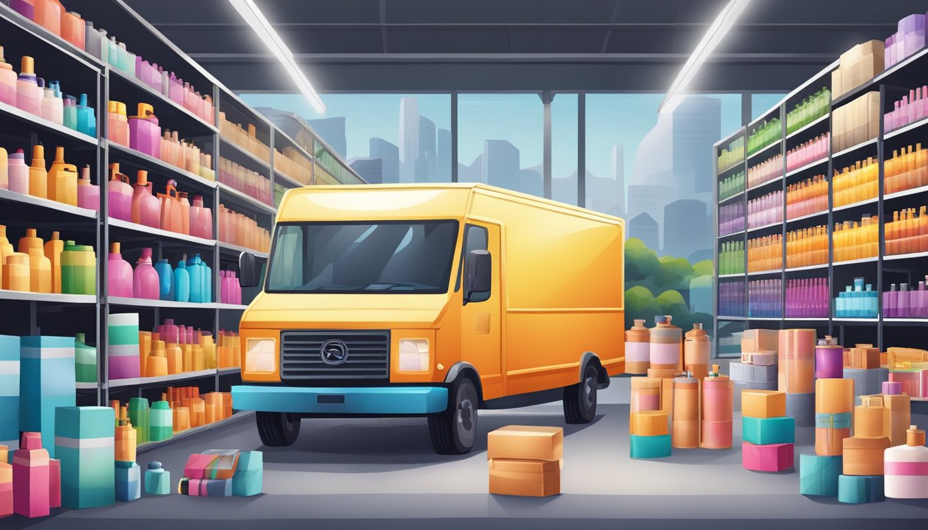 A workshop filled with shelves of colorful perfume bottles, packaging materials, and corporate gift samples. A delivery truck parked outside the warehouse