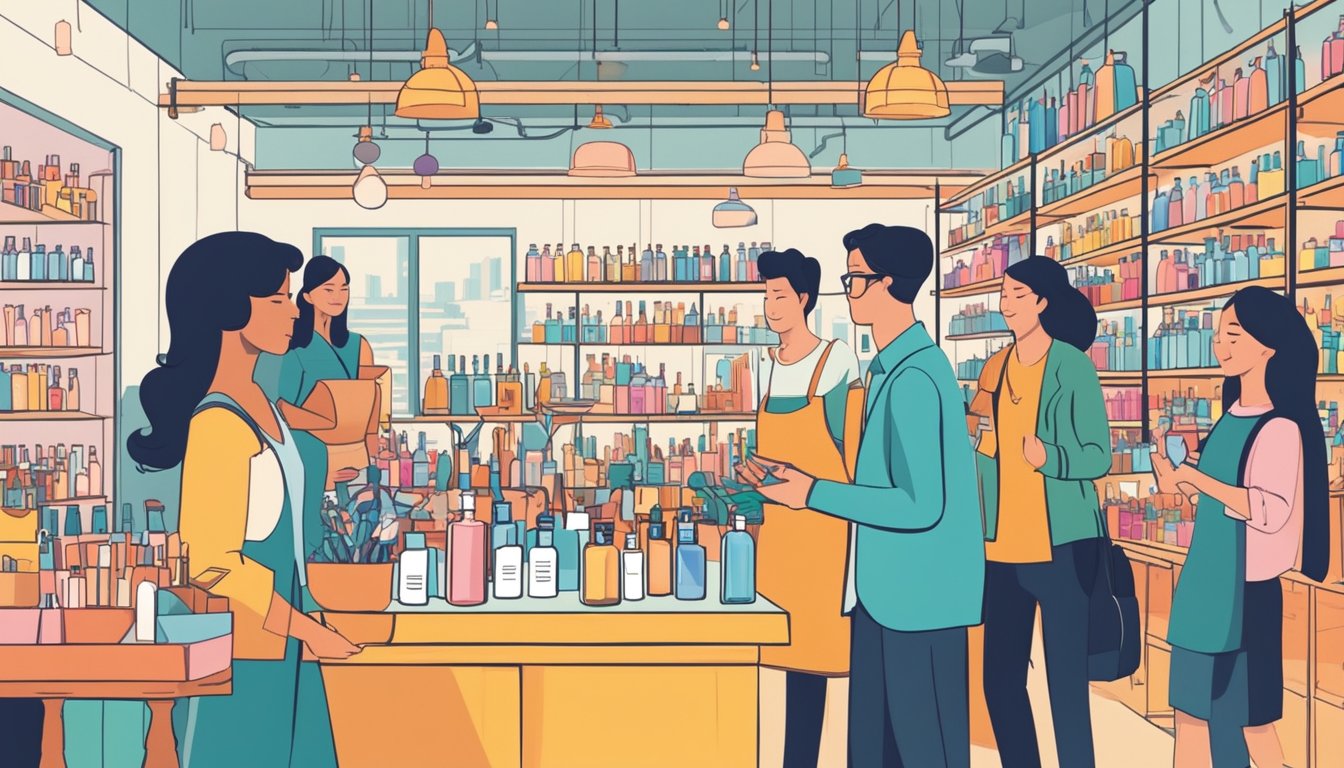 A group of people are gathered in a bright, modern workshop space, surrounded by shelves of colorful perfume bottles and ingredients. A banner with the words "Customer Service Perfume Workshop Corporate Gifts Singapore Review" hangs on the wall