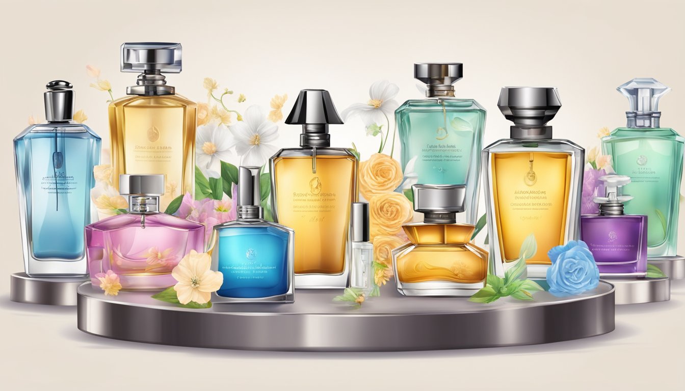 A table displays various perfume bottles with positive customer testimonials and reviews. A corporate gift box is open, showcasing a selection of fragrances