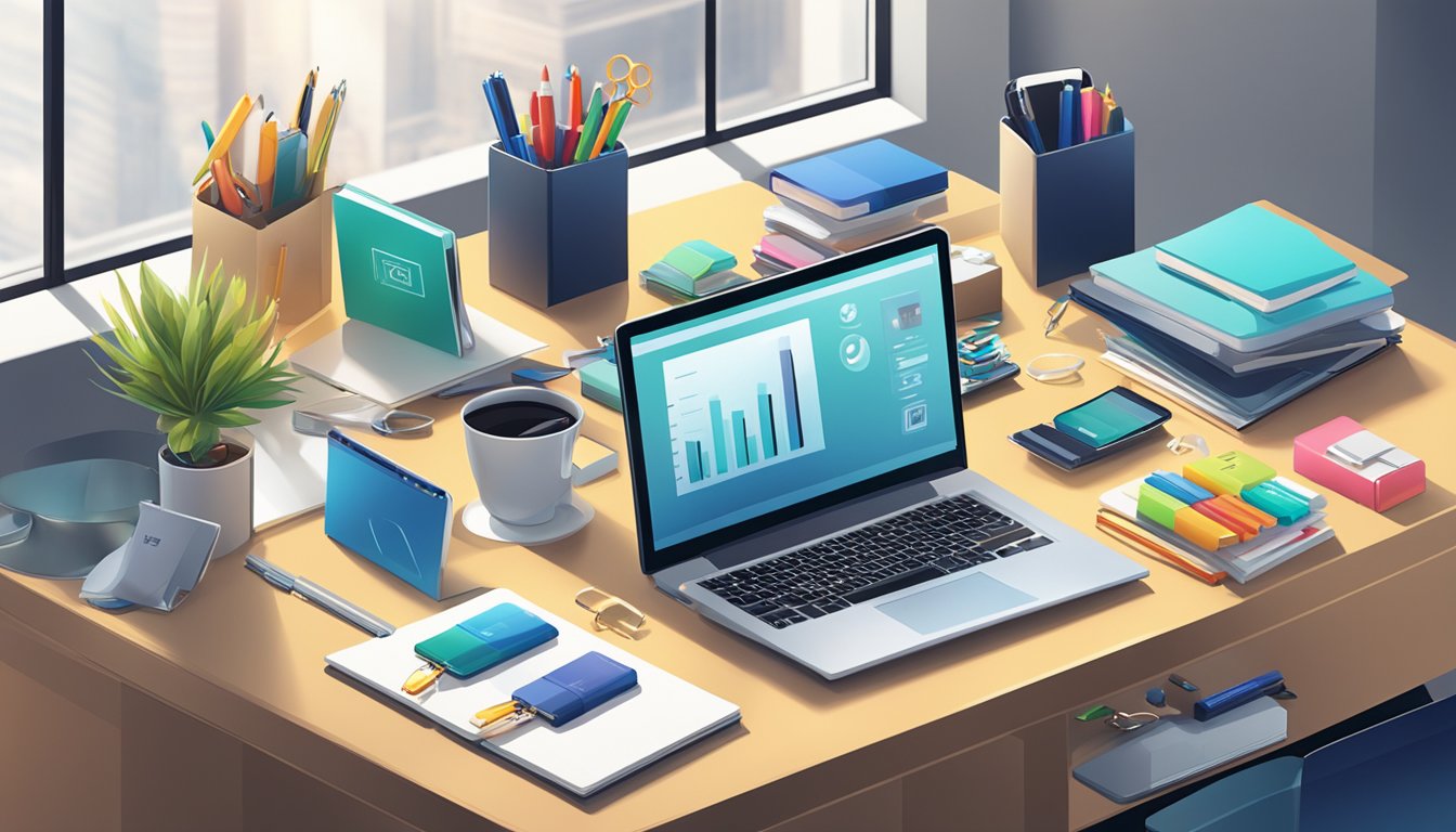 A table filled with various corporate gifts, including pens, notebooks, and tech gadgets, displayed in a well-lit showroom