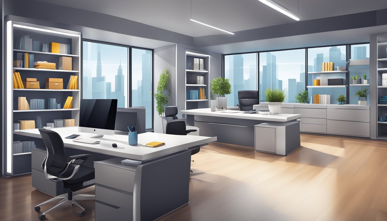 A sleek, modern office space with shelves of elegant corporate gifts and branded merchandise. A professional atmosphere with a focus on quality and sophistication