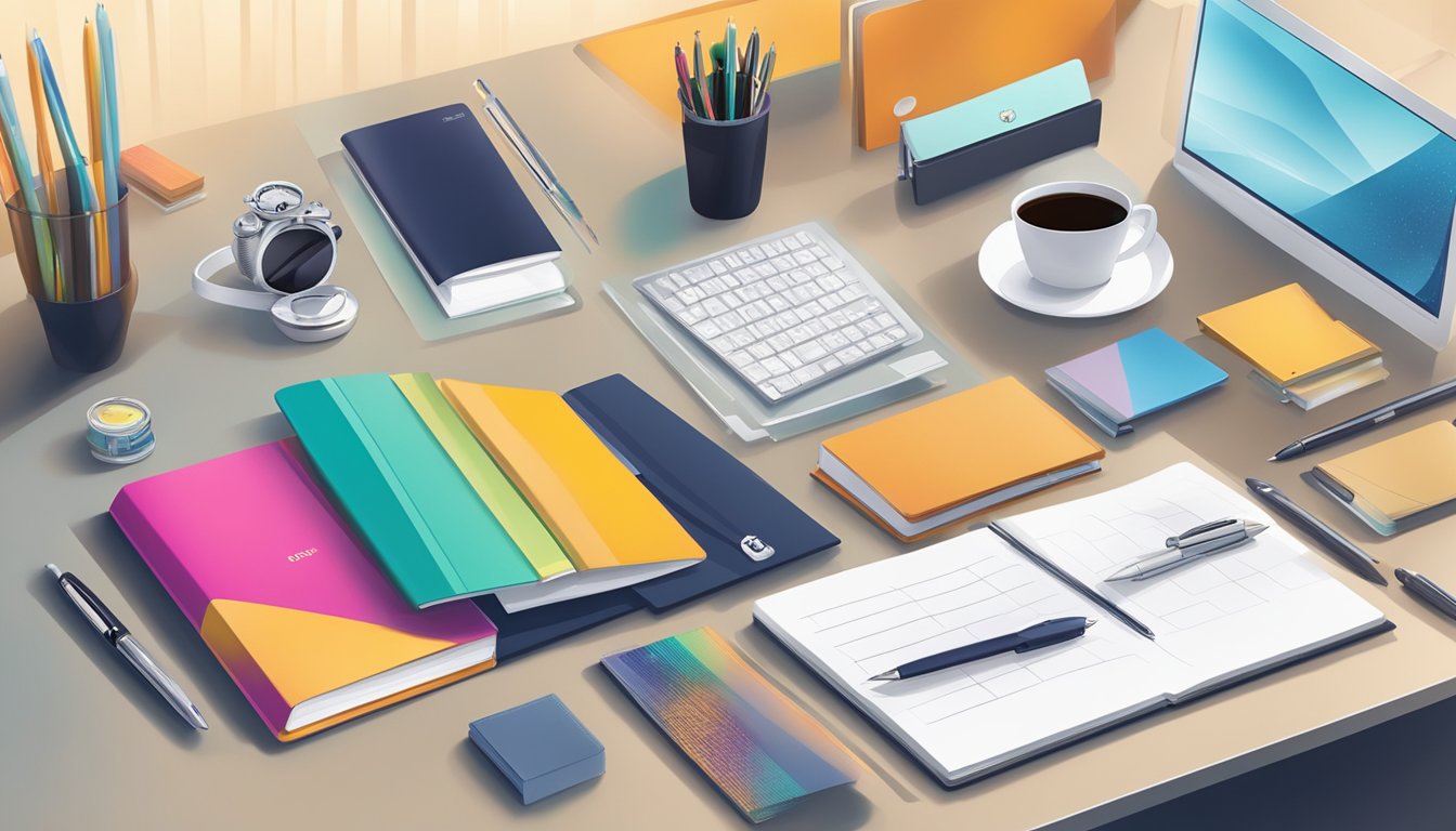 A table adorned with a variety of corporate gifts, including branded pens, elegant notebooks, and sleek electronic gadgets, displayed against a backdrop of a modern office setting