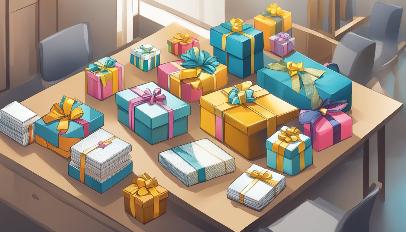 A table displays a variety of corporate gifts with price tags. A banner reads "Pricing and Value Gift Paradize International Pte Ltd Corporate Gifts Review."