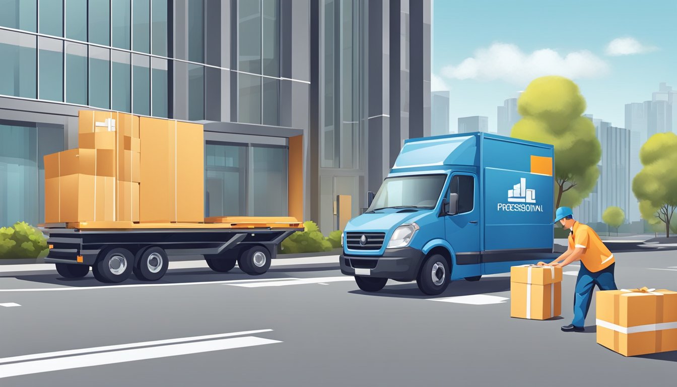 A delivery truck pulls up to a modern office building. A stack of branded gift boxes is being unloaded onto a dolly by a worker in a uniform