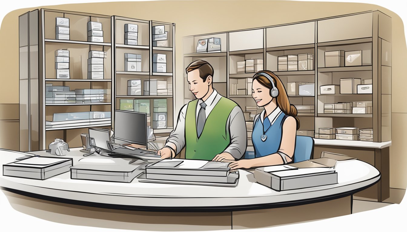 A table displays various corporate gifts. A customer service representative assists a client. The company's logo is prominently featured