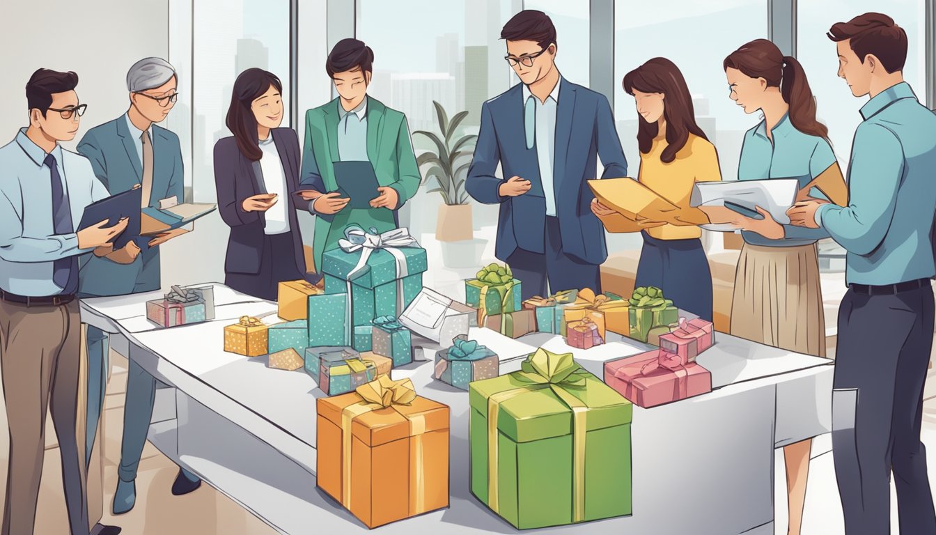 A table with corporate gift items, a banner with "Frequently Asked Questions Gift Paradize International Pte Ltd Corporate Gifts Review" displayed, and a group of people discussing and examining the gifts