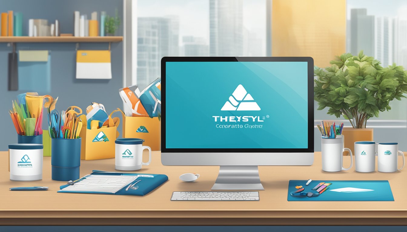 A table with various corporate gifts displayed, including branded items and customized products. A banner with TheXstyle Pte Ltd logo hangs in the background