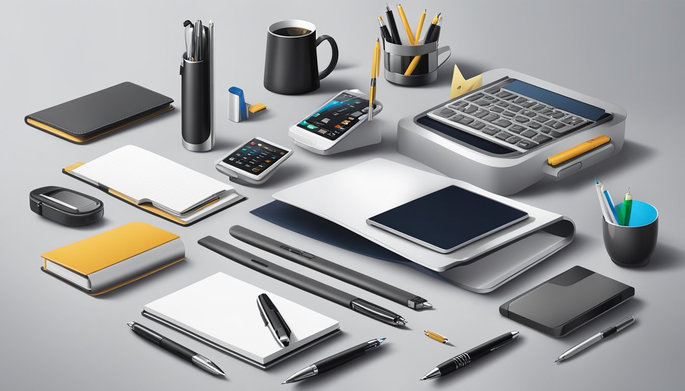 A table adorned with various corporate gifts, including branded pens, notebooks, and tech gadgets, displayed in a sleek and professional manner