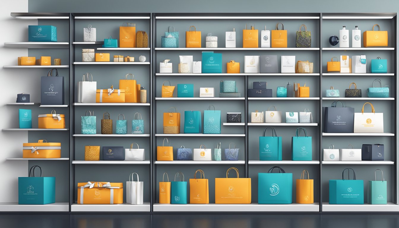 A variety of corporate gifts displayed on sleek shelves in a modern showroom, with branding and logos prominently featured