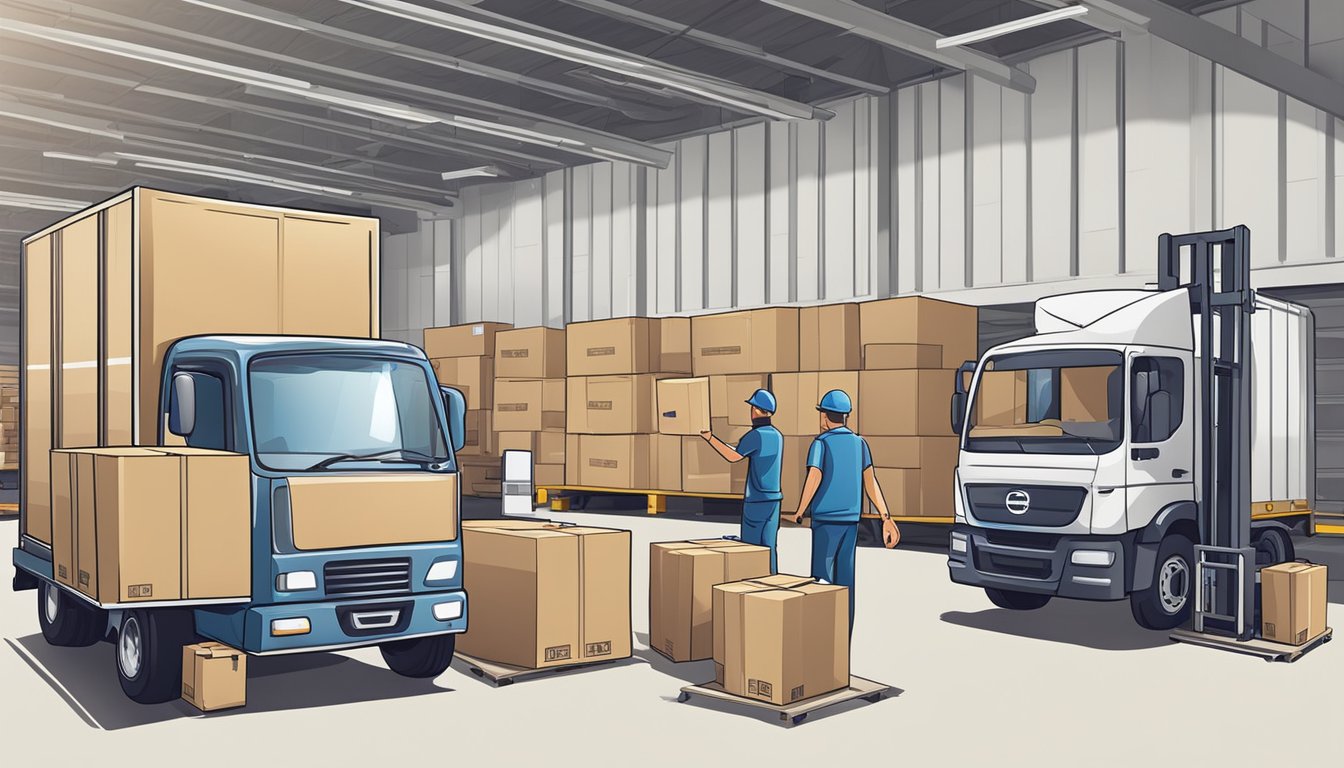 A delivery truck unloads boxes at TheXstyle Pte Ltd warehouse, while workers organize corporate gifts for shipping