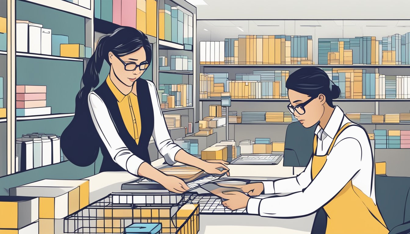 A customer service representative assists a corporate client with selecting and reviewing potential gifts from TheXstyle Pte Ltd's collection