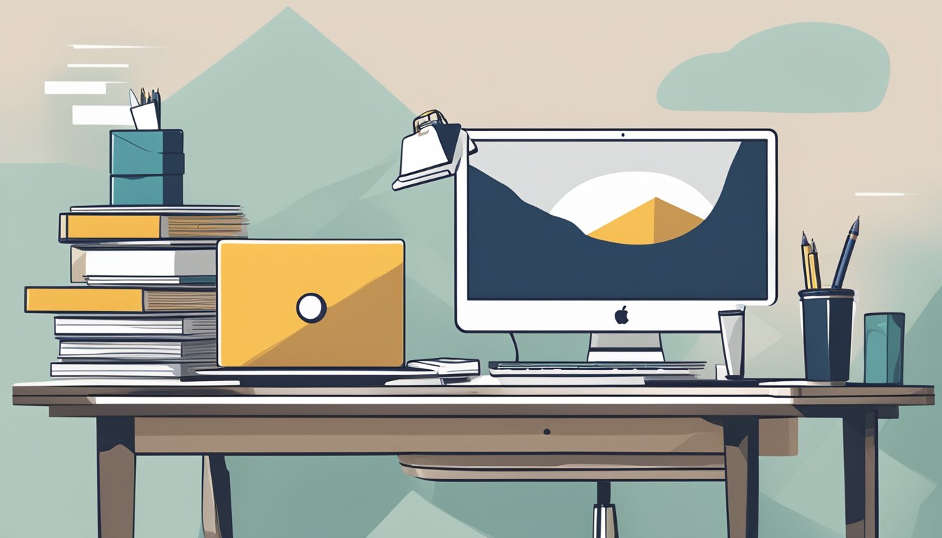 A desk with a laptop, pen, and notepad. A stack of corporate gifts boxes in the background. TheXstyle logo displayed on a wall