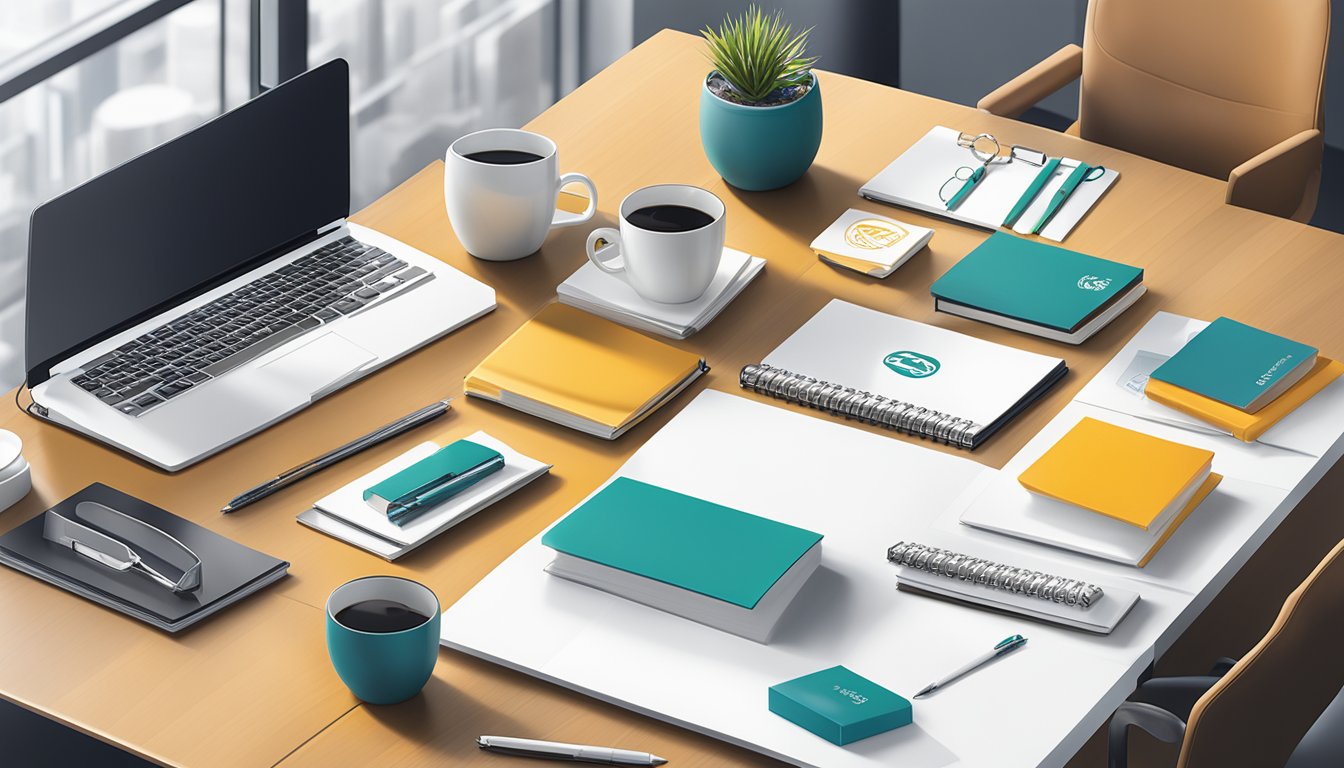 A table adorned with branded corporate gifts, including pens, mugs, and notebooks, displayed in a sleek office setting