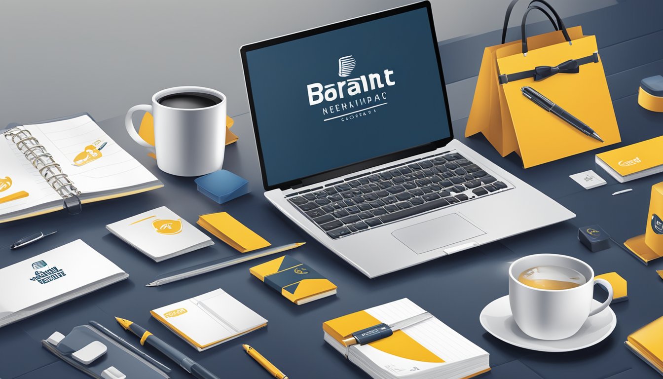 A table with branded corporate gifts neatly arranged, including pens, mugs, and notebooks. A banner with the company logo hangs in the background