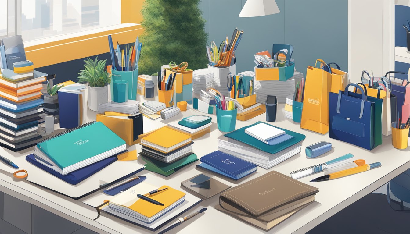 A table filled with various corporate gifts, including pens, notebooks, and drinkware, displayed in a well-lit showroom
