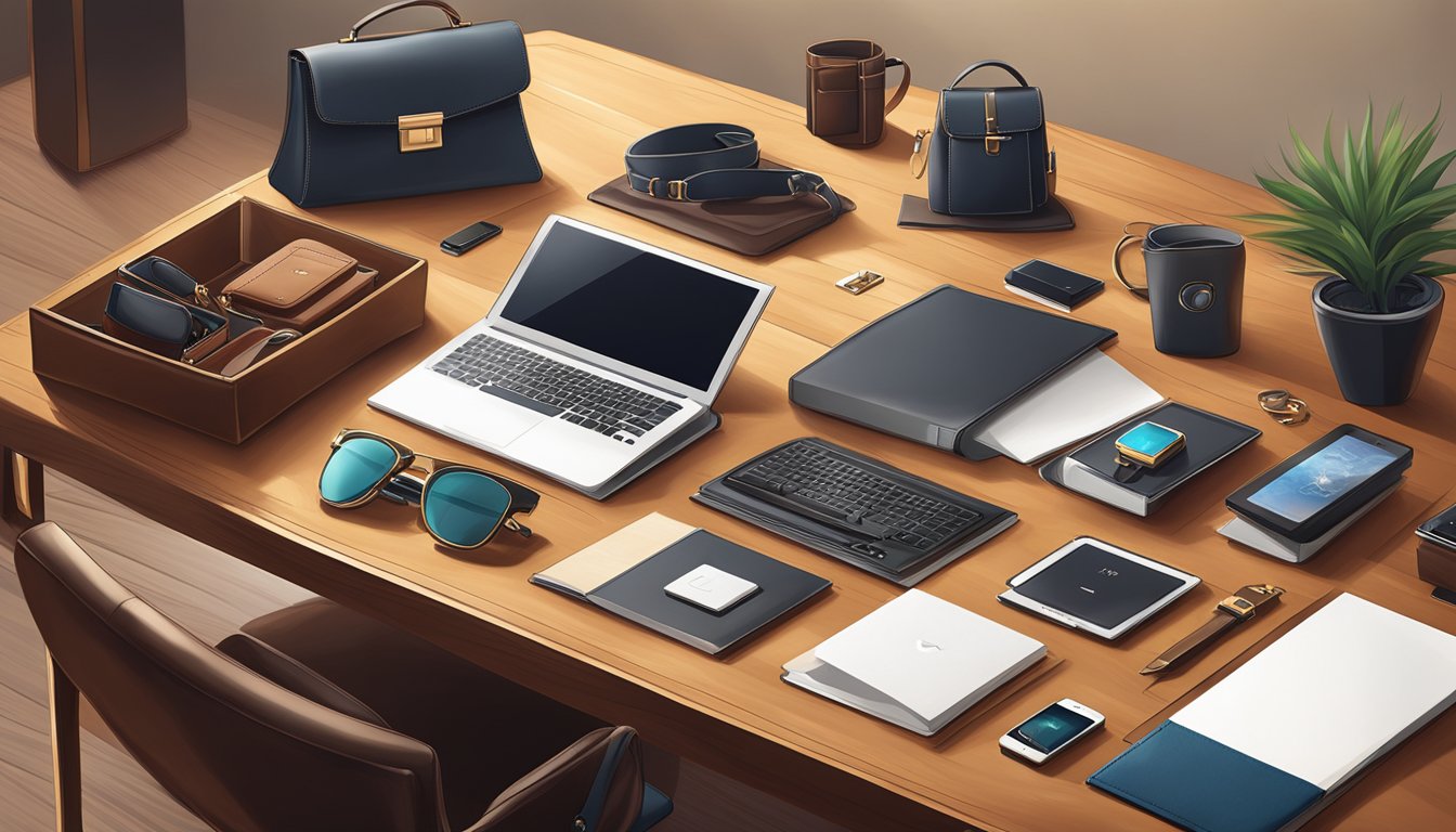 A display of elegant corporate gifts, showcasing high-quality craftsmanship and attention to detail. Various items such as leather goods, tech gadgets, and personalized accessories are neatly arranged on a polished wooden table in a well-lit room