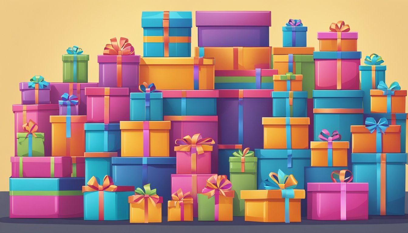 A stack of neatly wrapped corporate gifts sits on a warehouse shelf, ready for delivery. Boxes are labeled with the company logo and secured with colorful ribbons