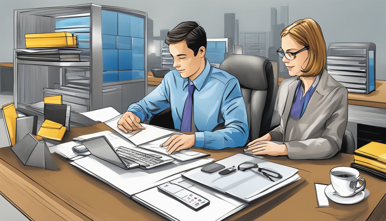 A table with various corporate gifts displayed. A customer service representative assists a client. Company logo prominently featured