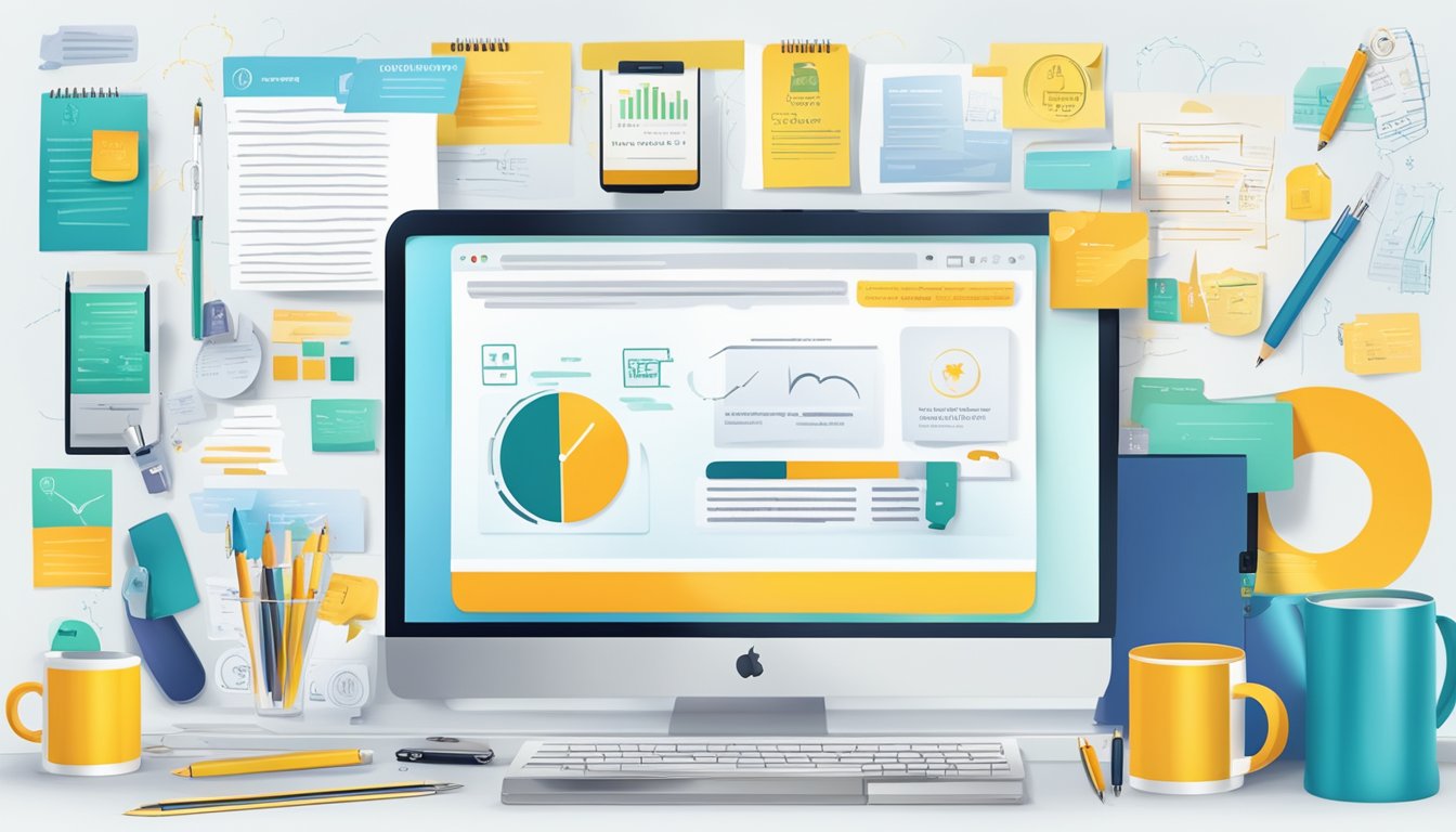 A collection of positive testimonials and reviews displayed on a digital screen, surrounded by various corporate gift items such as branded pens, mugs, and notebooks