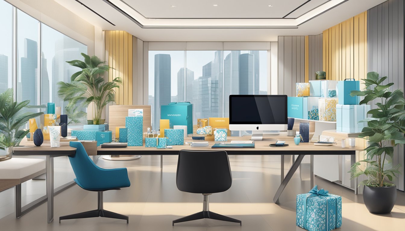 A table adorned with elegant corporate gifts, including branded homeware items, displayed in a sleek Singaporean office setting