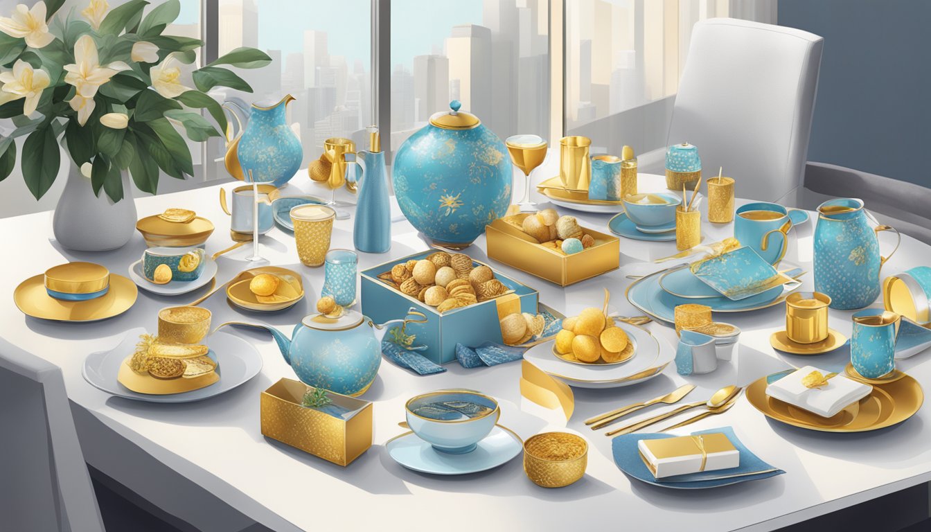 A table adorned with elegant corporate gifts, surrounded by homeware items, showcasing the value and pricing of corporate gifts in Singapore