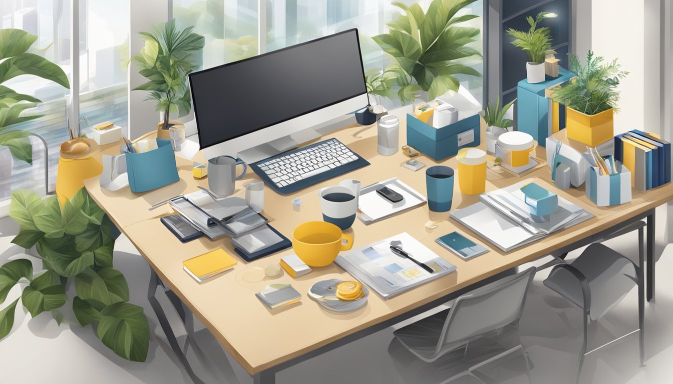 A table adorned with elegant corporate gifts, surrounded by homeware items, in a Singaporean office setting