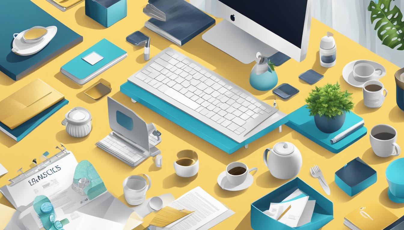 A table with corporate gifts and homeware products displayed, surrounded by customer testimonials and reviews