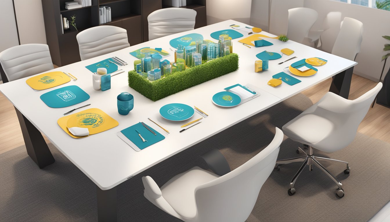 A table adorned with elegant corporate gifts, branded with the Craftwerkz logo, displayed in a sleek Singapore office setting