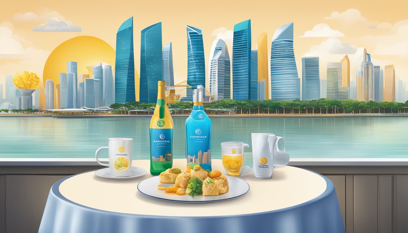 A table adorned with elegant corporate gifts, branded with Craftwerkz Pte Ltd's logo, set against a backdrop of the Singapore skyline