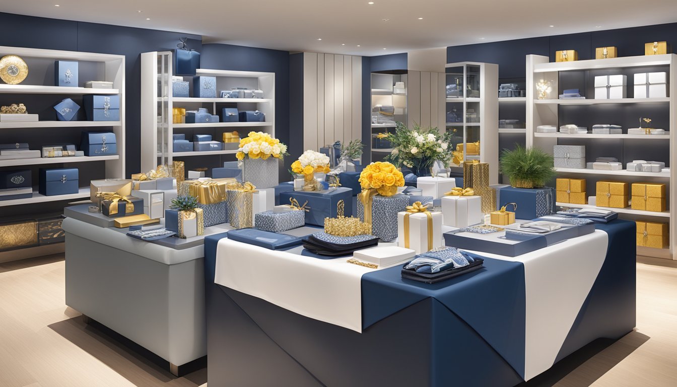 A table covered with a variety of corporate gifts, including custom-branded items and luxurious gift sets, displayed in an elegant showroom setting