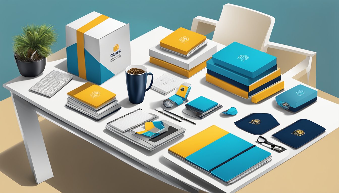 A table filled with corporate gifts, including branded merchandise and customized items, displayed in a sleek and professional setting