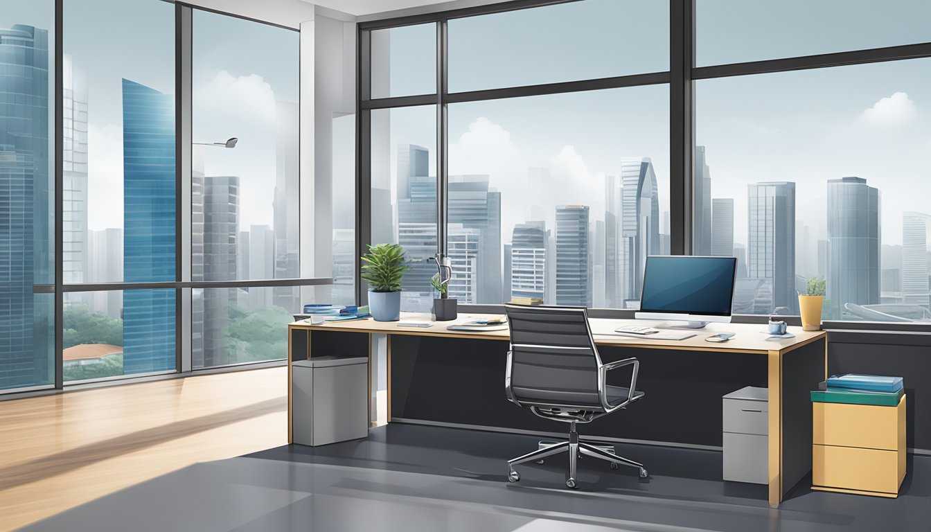 A sleek office desk with a laptop, pen, and branded corporate gifts displayed. A Singapore cityscape visible through a window