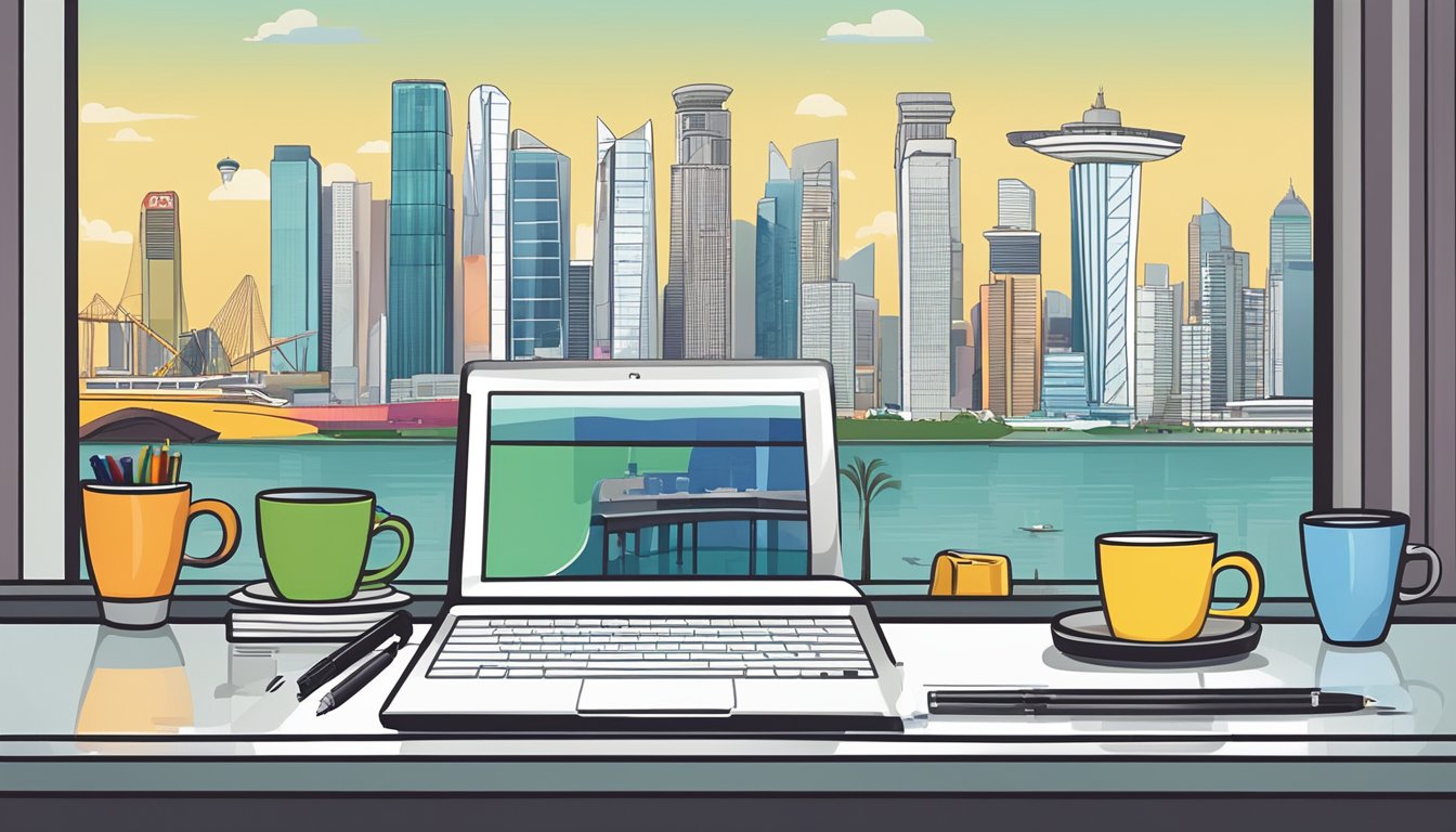 A table displays a variety of corporate gifts, including branded pens, notebooks, and mugs. The backdrop features the Mr Bean logo and Singapore skyline