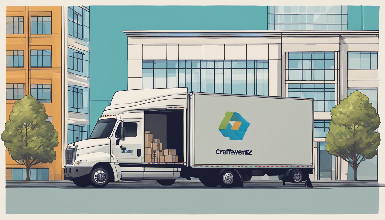 A delivery truck pulls up to a modern office building, unloading boxes of corporate gifts. The Craftwerkz logo is prominently displayed on the side of the truck