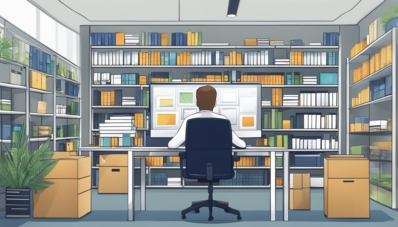 A sleek, modern office setting with shelves of neatly organized corporate gifts and a friendly customer service representative assisting a client