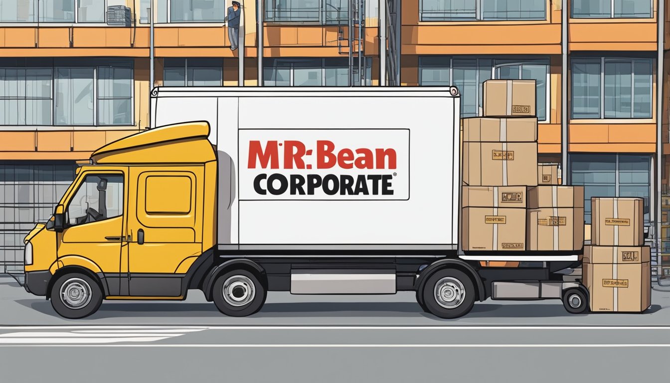 A delivery truck unloads boxes labeled "Mr Bean Corporate Gifts" at a Singapore shipping dock. Workers scan and stack the packages for distribution