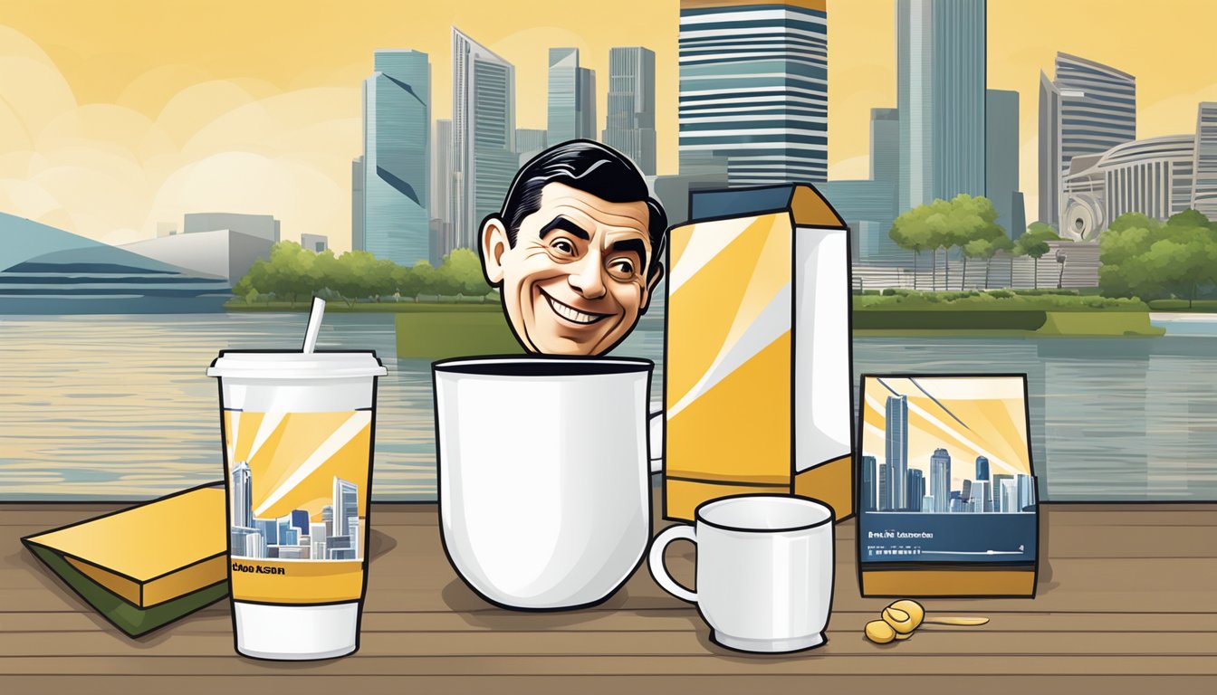 A smiling Mr. Bean logo on corporate gifts, with Singapore skyline in the background