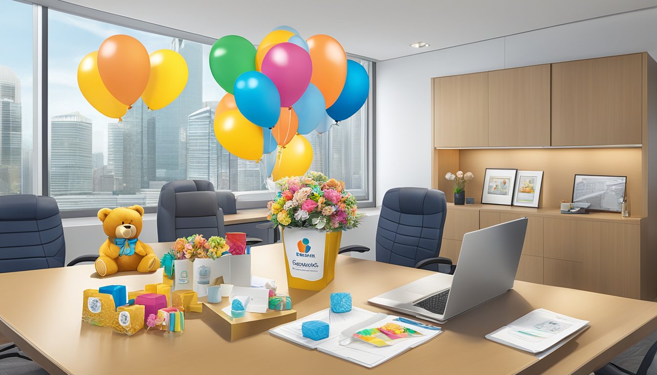 A table with corporate gifts displayed, including branded bear-shaped balloons, at BEARLOONSG LLP's office
