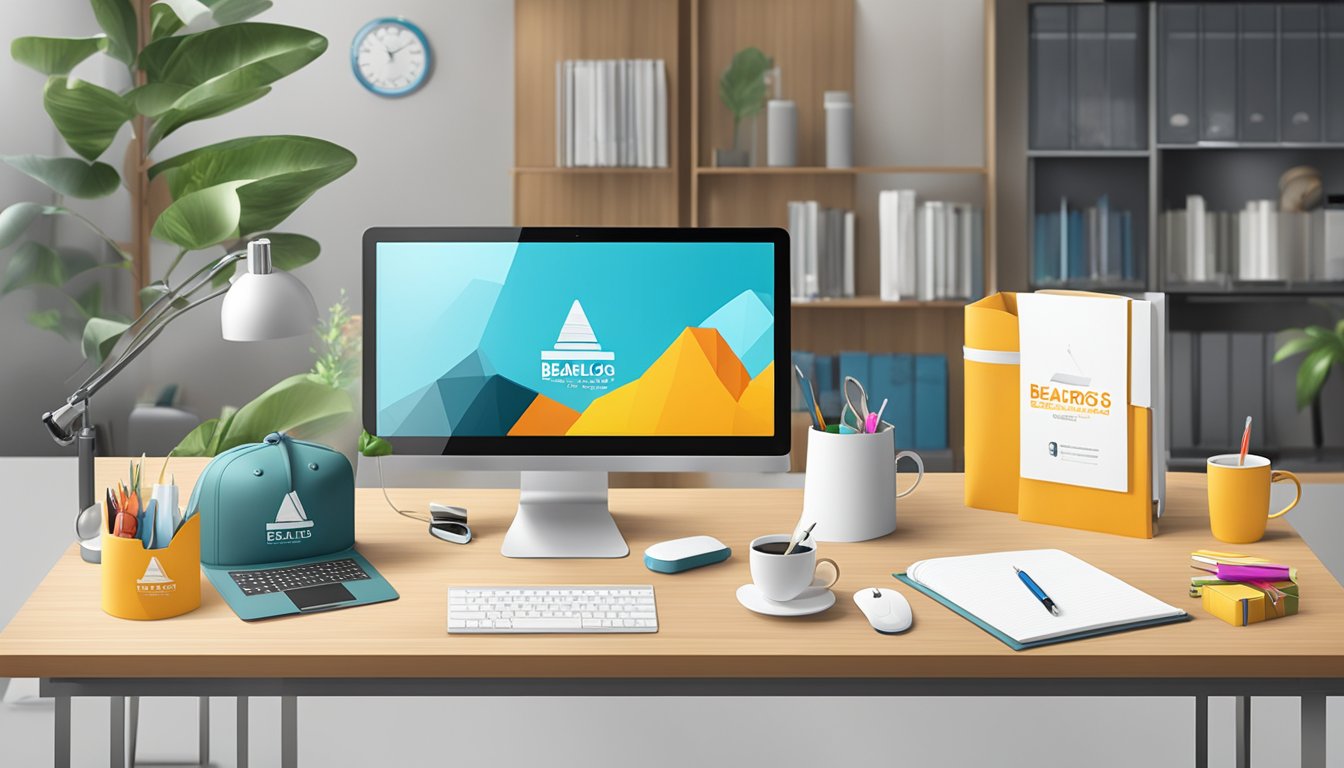 A table with corporate gifts displayed, logo "BEARLOONSG LLP" prominent. Bright, modern office setting with professional atmosphere