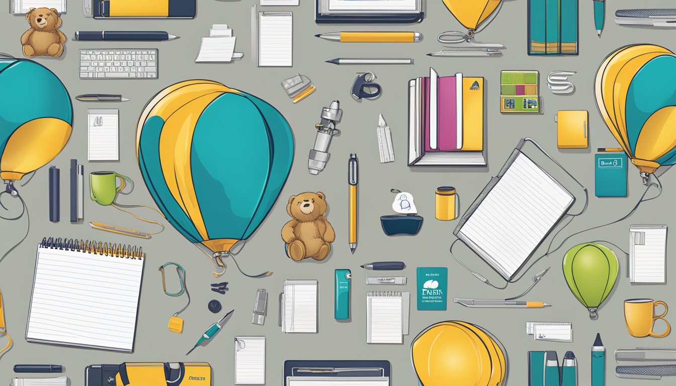 A table displays a variety of corporate gifts, including branded pens, notebooks, and custom-designed bear-shaped balloons. A company logo is prominently featured on each item