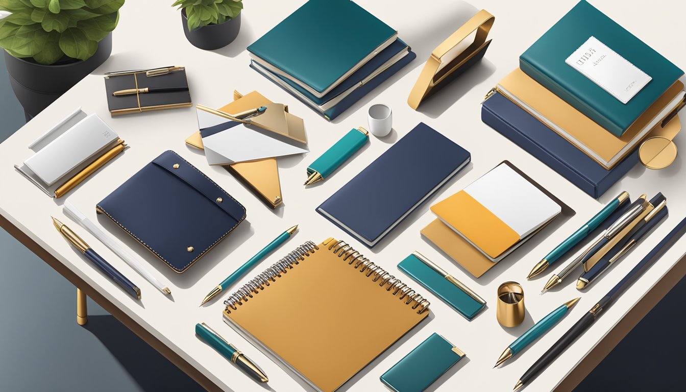 A sleek, modern office desk adorned with high-end corporate gifts, including luxurious pens, elegant leather notebooks, and polished metal desk accessories