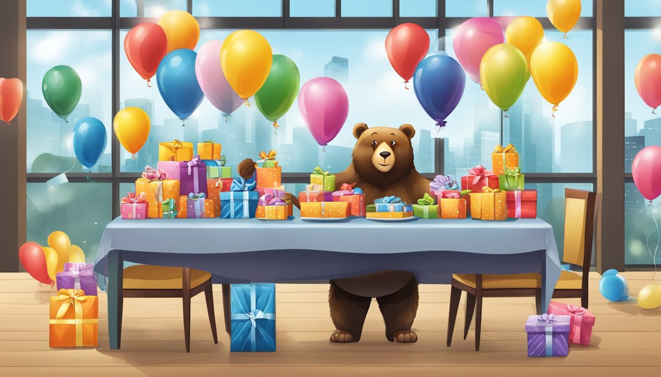 A table with corporate gifts and price tags. Bear-shaped balloons hang from the ceiling. The company logo is displayed prominently