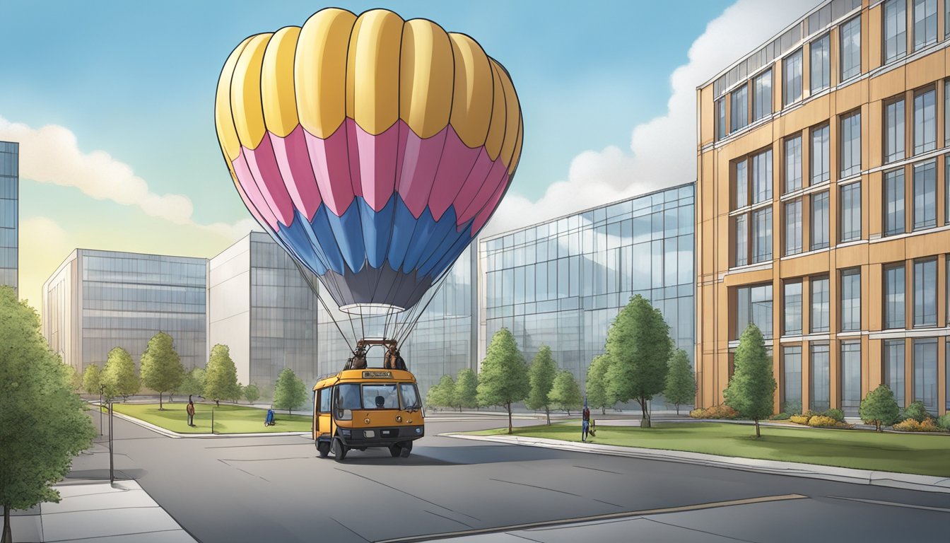 A bear-shaped hot air balloon hovers over a corporate office, delivering gifts. The company's logo, "BEARLOONSG LIMITED LIABILITY PARTNERSHIP," is prominently displayed on the balloon