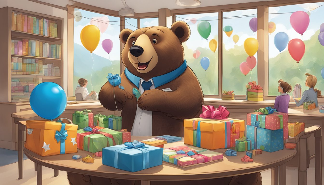 A bear-shaped balloon with a corporate logo floats above a table filled with assorted gifts. A customer service representative smiles while reviewing the products