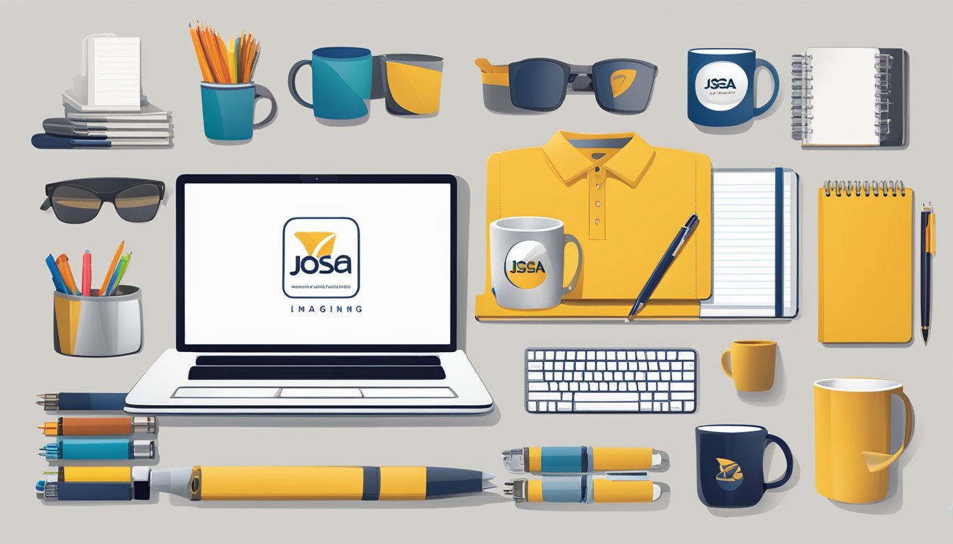 A table with branded corporate gifts, including mugs, pens, and notebooks, displayed in an organized manner. The JOSA IMAGING logo is prominently featured on each item