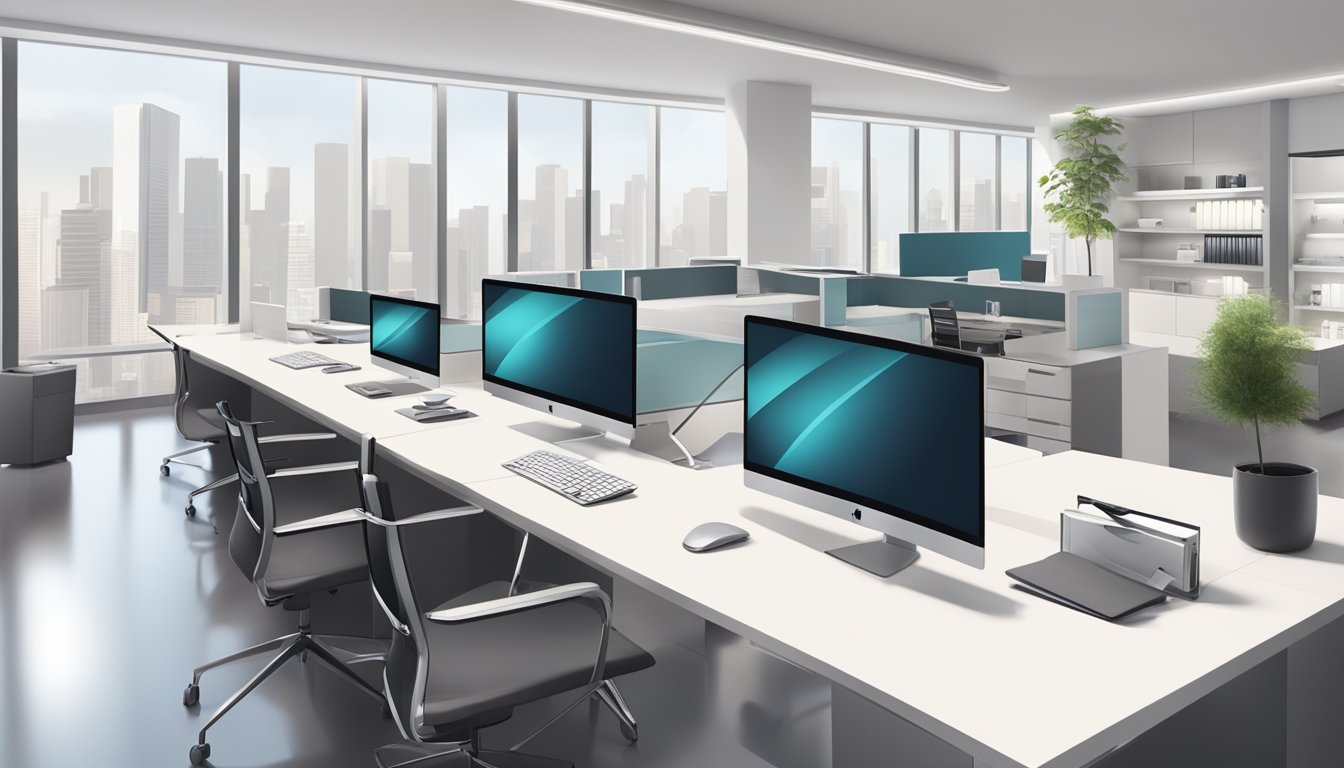 A sleek, modern office setting with branding materials and corporate gifts displayed prominently. Clean lines and professional ambiance